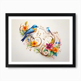 Colorful Singing Birds In A Symphony And Flower Design Illustration Art Print