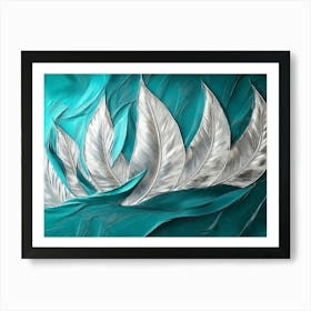 Vibrant 3d Abstract Art Teal Background Shimmering Silver Feathers Bold Volcanic Peaks Modern Art Print