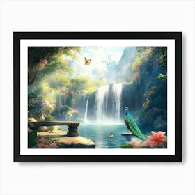 Nature Scenery Landscape with Tropical Leaves, Flowers, Forest Trees, Park, Waterfall Art Print