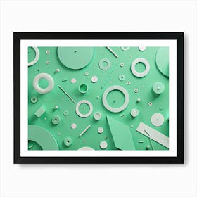 Flat Lay Composition Of Various Geometric Shapes In Mint Green And White, Scattered On A Matching Green Background Art Print