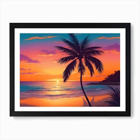 A Tranquil Beach At Sunset Horizontal Illustration 8 Art Print