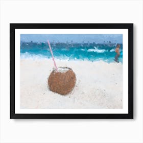 Coconut On A Sandy Beach Near The Sea Oil Painting Landscape Art Print