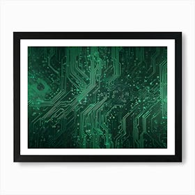 Abstract Digital Artwork Of A Circuit Board With Glowing Green Lines Representing A Network Or Grid Art Print