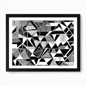 Retro Inspired Linocut Abstract Shapes Black And White Colors art, 213 Art Print