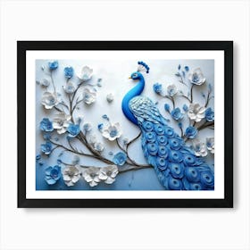 3d Blue Peacock On Branch With Flowers 1 Art Print