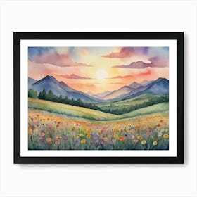 Default A Painting Of A Sunset Over A Field Of Flowers And Mou 1 1 Art Print