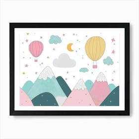 Hand Drawn Childish Art With Mountains, Balloons And Clouds 5 Art Print