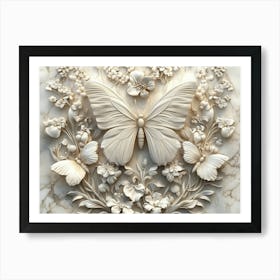 Butterfly And Flowers, 3d Garden Carved In Marble Stone Art Print