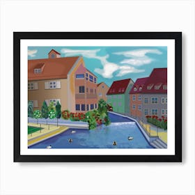 Landscape With Houses On The River Canal In The Town Of Memmingen In Germany Art Print