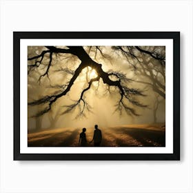 Silhouette Of A Couple Holding Hands Standing Beneath A Majestic Tree In A Foggy Forest, Illuminated By Golden Sunlight Art Print