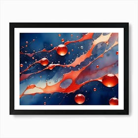 Abstract Image Of Red Liquid Splatters And Bubbles Against A Dark Blue Background, Resembling A Cosmic Explosion Or A Watercolor Painting Art Print