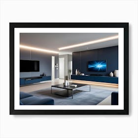 A Modern Living Room Interior With Two Blue Sofas, A Coffee Table, Two Tvs, And Blue Accent Lights Art Print