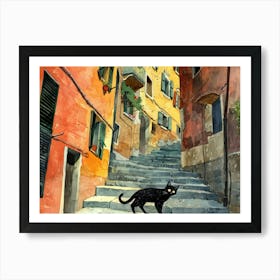 Black Cat In Rome, Italy, Street Art Watercolour Painting 6 Art Print