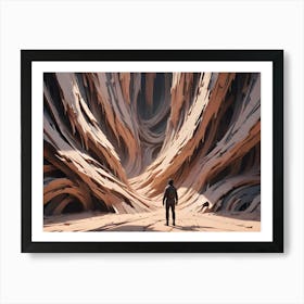 A Lone Figure With A Backpack Stands At The Entrance To A Massive, Surreal Canyon With Twisting, Layered Rock Formations Bathed In Warm Light Art Print