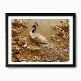 Golden 3d Peacock with Jewelry and Floral Illustrations on Wooden Poster