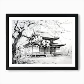 Temple And Sakura - Black And White Art Print