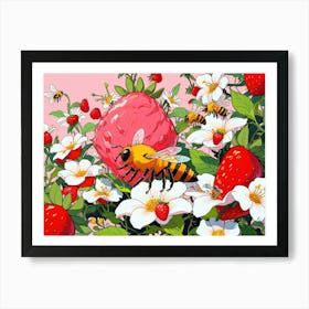 Bees And Strawberries 4 Art Print