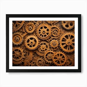 A Close Up Image Of Various Intricately Detailed Gears And Cogs, Primarily In Gold, Arranged On A Brown Background 2 Art Print