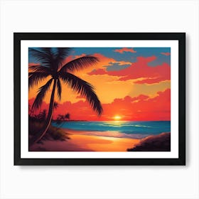 A Tranquil Beach At Sunset Horizontal Illustration 47 Art Print