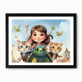 Girl And Her Kittens Art Print