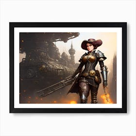 Steampunk Girl In Action Art Print