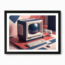 A Retro Computer With A Blue And White Design, A White Keyboard, And A White Mouse, Set On A Table With A Pink, Red, And Blue Geometric Background Art Print