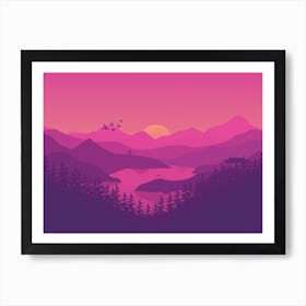 Sunset In The Mountains Landscape Lake Sunset Nature Art Print