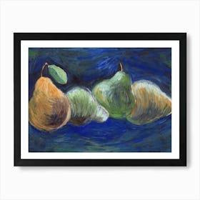 Four Pears - blue painting still life kitchen food impressionism impressionist fruits Art Print