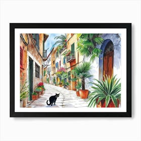 Palma De Mallorca, Spain   Cat In Street Art Watercolour Painting 4 Art Print