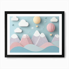 Hand Drawn Childish Art With Mountains, Balloons And Clouds 4 Art Print