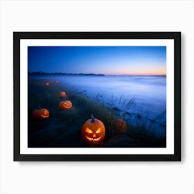 Jack O Lanterns With Eerie Glows Emanating A Soft Light Scattered Along A Desolate Shoreline Early (1) Art Print