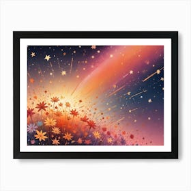 Abstract Image Of A Field Of Flowers With A Colorful Sunset In The Background Art Print