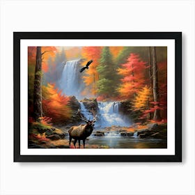 Elk And Waterfall - Ai Art Print