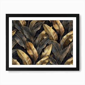 Grunge Bronze Banana Leaves Palm Tropical Exotic Seamless Pattern Hand Drawn Dark Vintage 3d Illustration Art Print