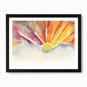 Mountain Sunset, Watercolor Sun, Boho Art Print