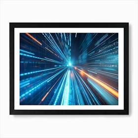 A Futuristic Tunnel Made Of Glowing Blue And Orange Lines Representing Data Streams And Digital Information Art Print