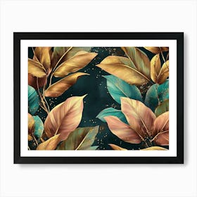 Tropical Seamless Luxury Exotic Green Beige Brown Pink Golden Leaves Vintage Art Print