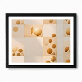 Minimalist Composition Of Beige Balloons Peeking Through Square Cutouts In A White Wall, Creating A Playful And Abstract Pattern Art Print