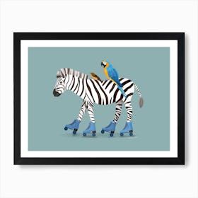 Roller Skating Zebra With Macaw Parrot Art Print