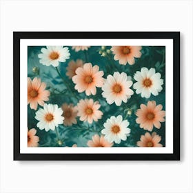 A Collection Of Peach And White Cosmos Flowers With Green Leaves Against A Teal Background Art Print