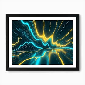 Abstract 3d Rendering With Glowing Blue And Yellow Lines, Creating A Sense Of Speed And Motion Through A Futuristic, Black Landscape Art Print