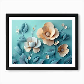 3d Simple Floral Painting Light Blue Background 1 Art Print