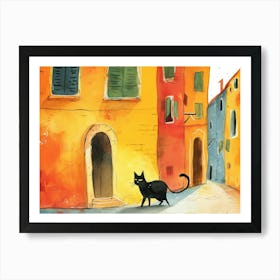Bari, Italy   Black Cat In Street Art Watercolour Painting 1 Art Print