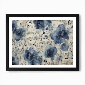 Blue Flowers With Music Notes Art Print