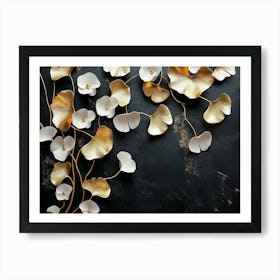 Floral With Golden Ginko Biloba Leaves and White Flowers Art Print