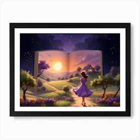 Woman Walking Toward A House On A Hillside With A Book Opening Behind Her 4 Art Print