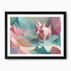 An Abstract Image Of A Pink, Geometric Animal Standing In A Colorful, Geometric Landscape, Creating A Whimsical And Playful Scene Art Print