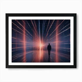 A Man Stands In The Middle Of A Darkened Room, Illuminated By Glowing Lines That Resemble A Digital Data Stream Art Print