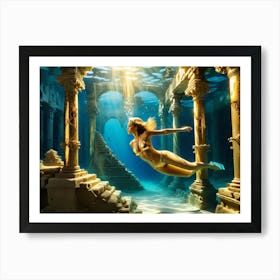 Woman swimming in gold underwater ruin 11 Art Print