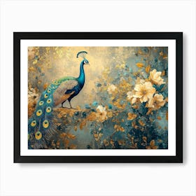 Vintage Artistic Background with Abstract Floral, Peacocks and Golden Textured Art Print